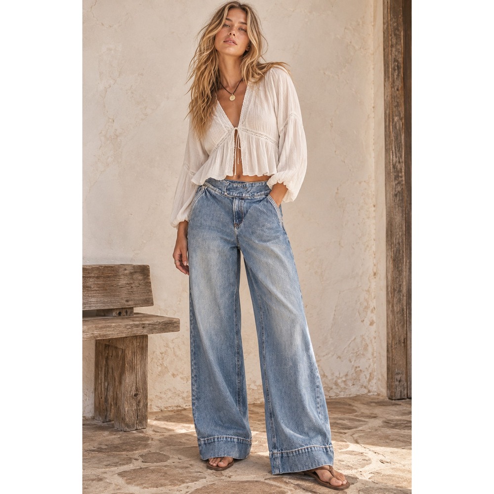 Express Jeans Women Sz 0R (26x32) Wide Leg High Rise Baggy Cuffed 100% Cotton